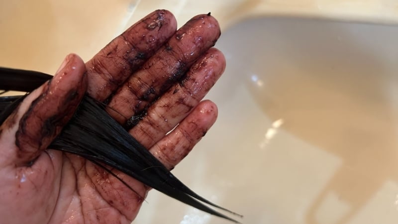 バランローズkuro（黒・クロ）クリームシャンプーのテクスチャと塗っている最中の髪の毛