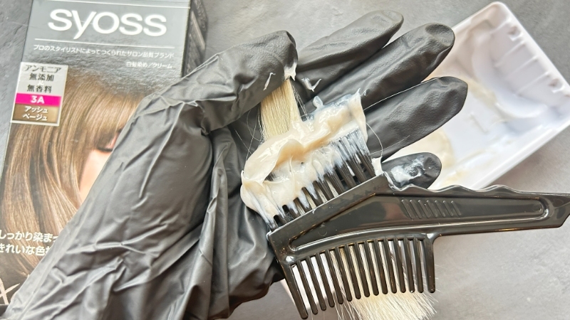 サイオスヘアカラークリーム　3Aアッシュベージュの毛束検証画像